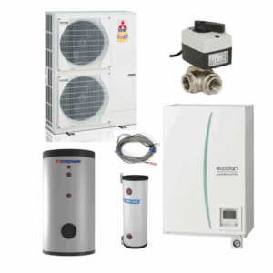 Pachet pompa de caldura aer-apa, split, Mitsubishi Zubadan, 23 kW trifazata, incalzire/racire/ACM, tip hidrobox + boiler + acumulator 100L + vana 3 cai