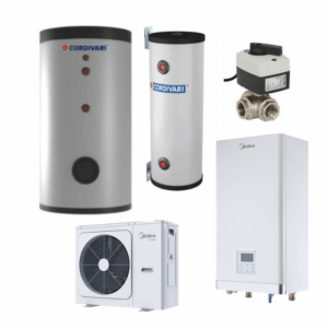 Pachet pompă de căldură aer-apă split Midea încălzire răcire ACM hidrobox boiler acumulator vană