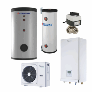 Pachet pompă de căldură aer-apă monobloc Midea încălzire răcire ACM boiler acumulator vană