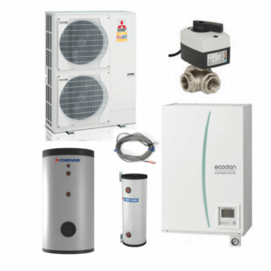 Pachet pompă de căldură aer-apă Mitsubishi Zubadan, split, trifazată, încălzire/răcire/ACM, hidrobox + boiler + acumulator + vană