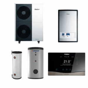 Pachet pompa de căldură aer-apa Vaillant, split, boiler, acumulator și automatizare