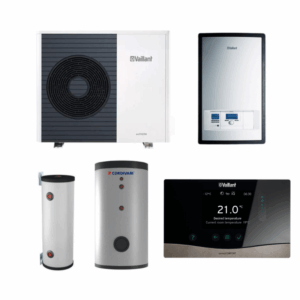Pachet pompa de căldură aer-apa Vaillant trifazată, split, boiler, acumulator și automatizare